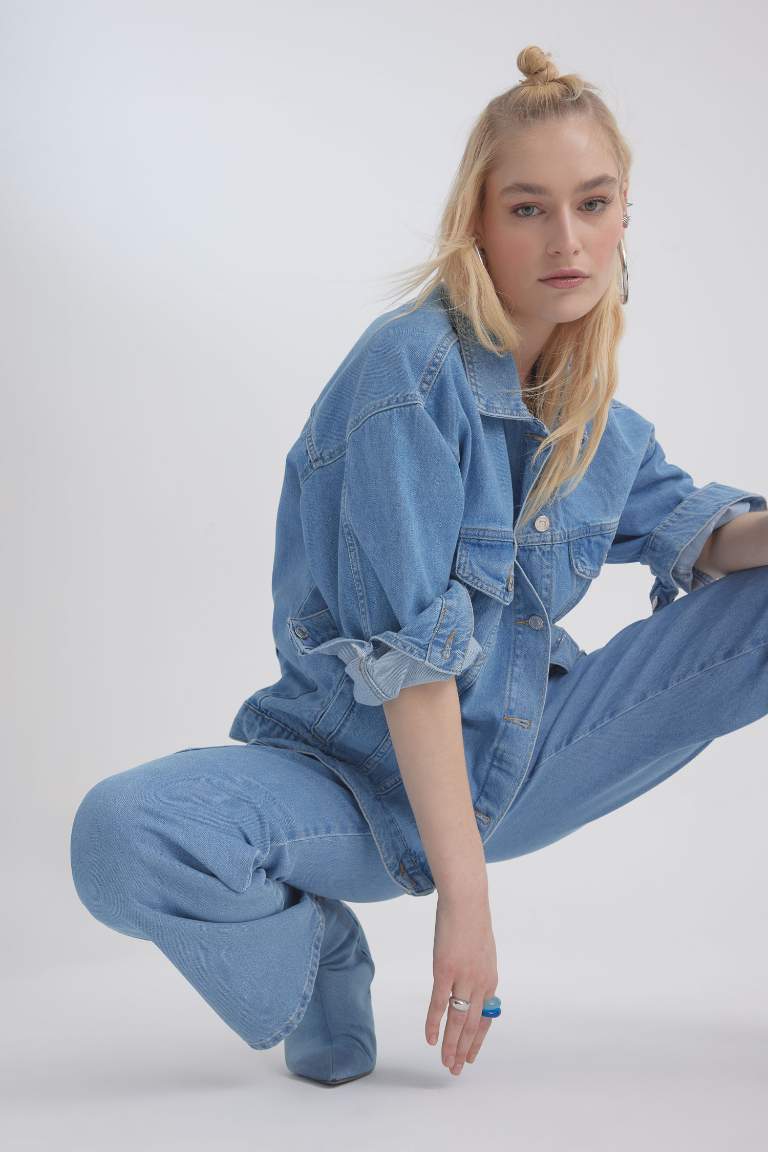 Oversize Fit Pocketed Cotton Denim Jacket