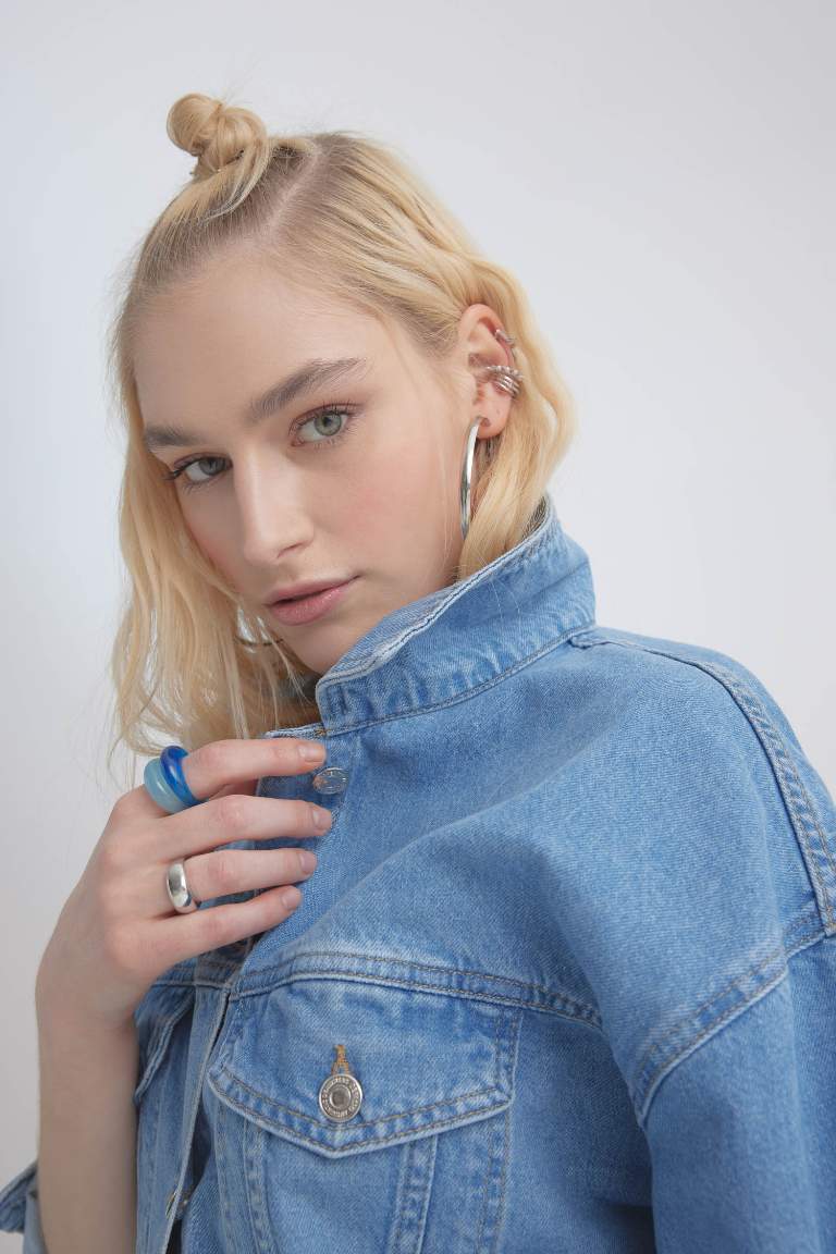 Oversize Fit Pocketed Cotton Denim Jacket