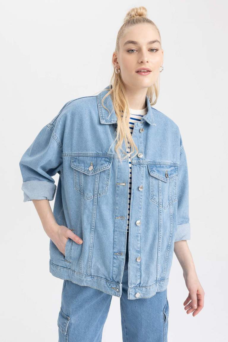 Oversize Fit Pocketed Cotton Denim Jacket