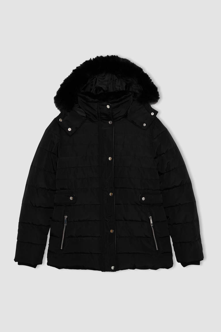 Black Woman Waterproof Regular Fit Faux Fur Puffer Jacket 2796593 | DeFacto