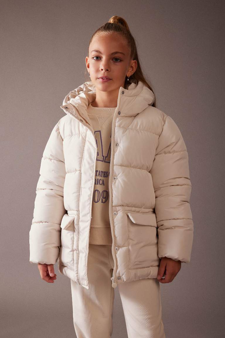 Kız Çocuk Su İtici Kapüşonlu Polar Astarlı Şişme Mont