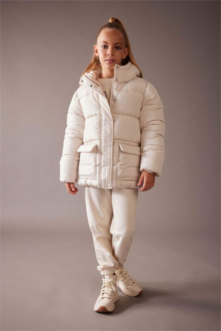 Kız Çocuk Su İtici Kapüşonlu Polar Astarlı Şişme Mont