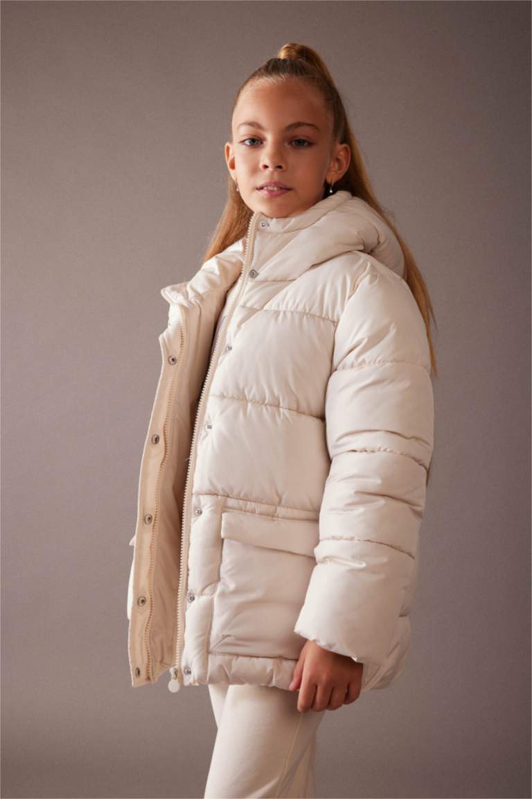 Kız Çocuk Su İtici Kapüşonlu Polar Astarlı Şişme Mont