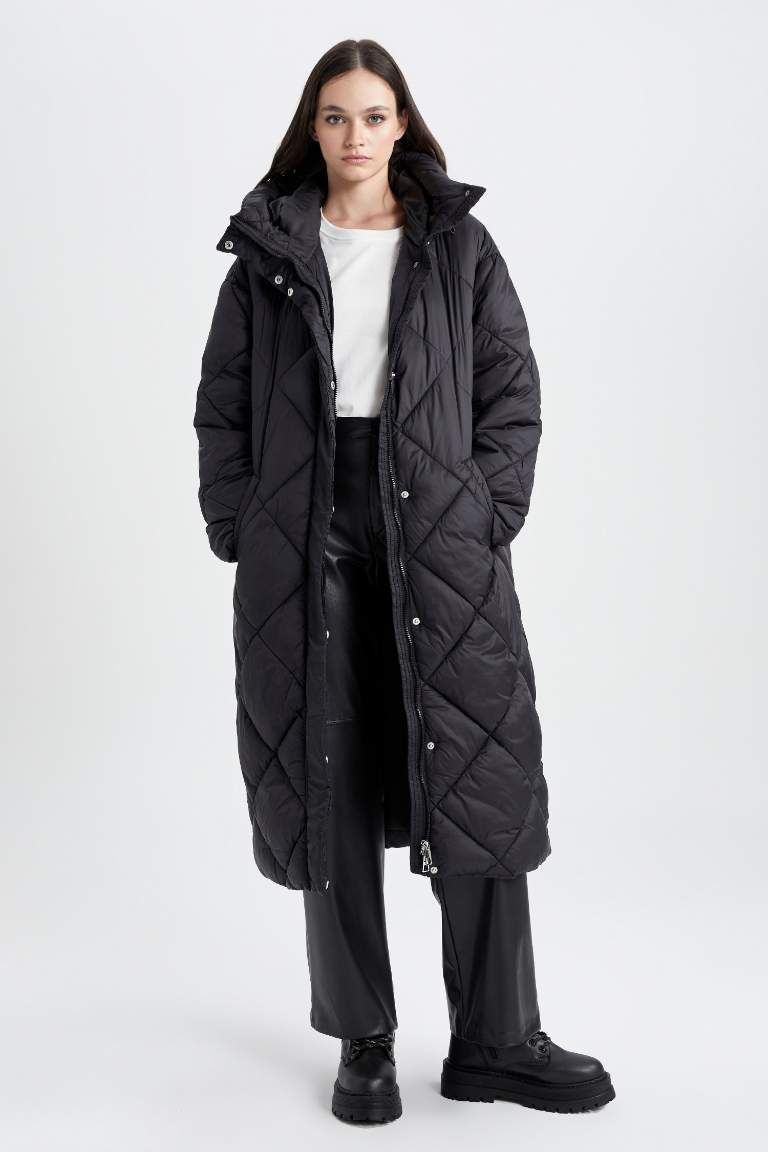 Black WOMAN Waterproof Quilted Hooded Long Thin Puffer Jacket 2793643 ...