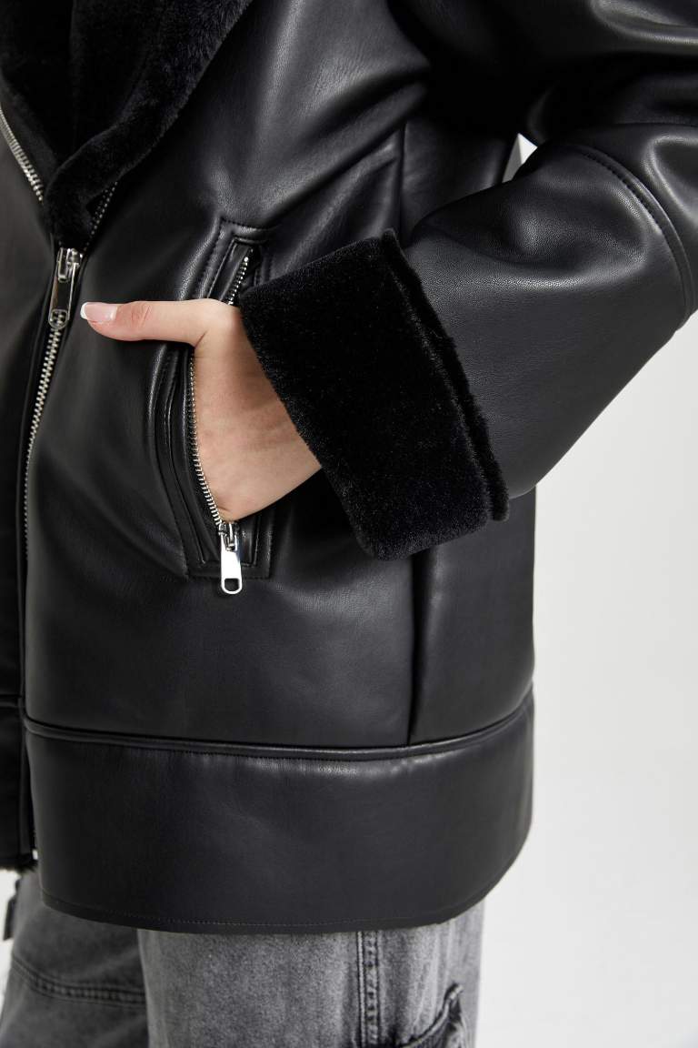 	Su Geçirmez Oversize Kruvaze Yaka Cepli Mevsimlik Pelüş Astarlı Süet Mont