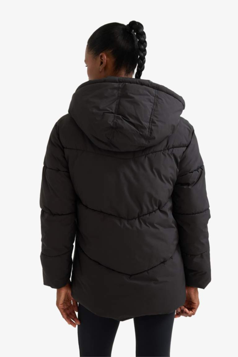 DeFactoFit Su İtici Regular Fit Yarım Polar Astarlı Kapüşonlu Fermuarlı Kışlık Mont