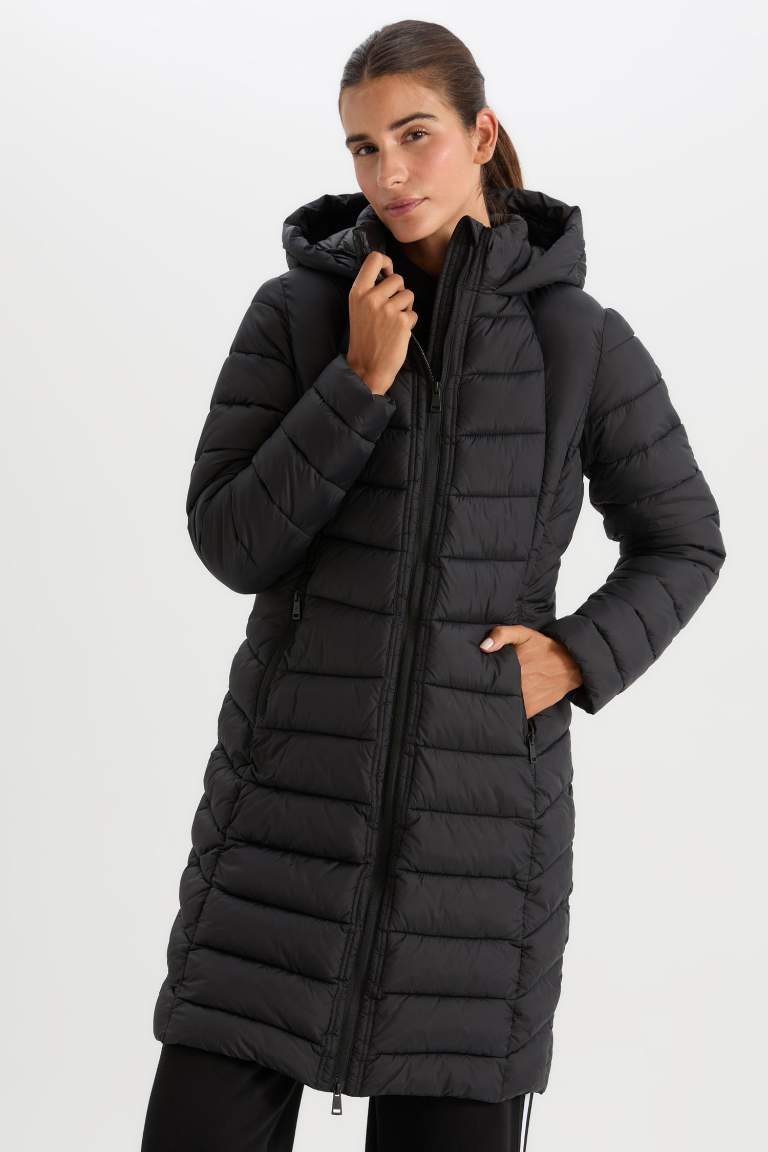 DeFactoFit Hooded Slim Fit Quilted Waterproof Long Puffer Jacket