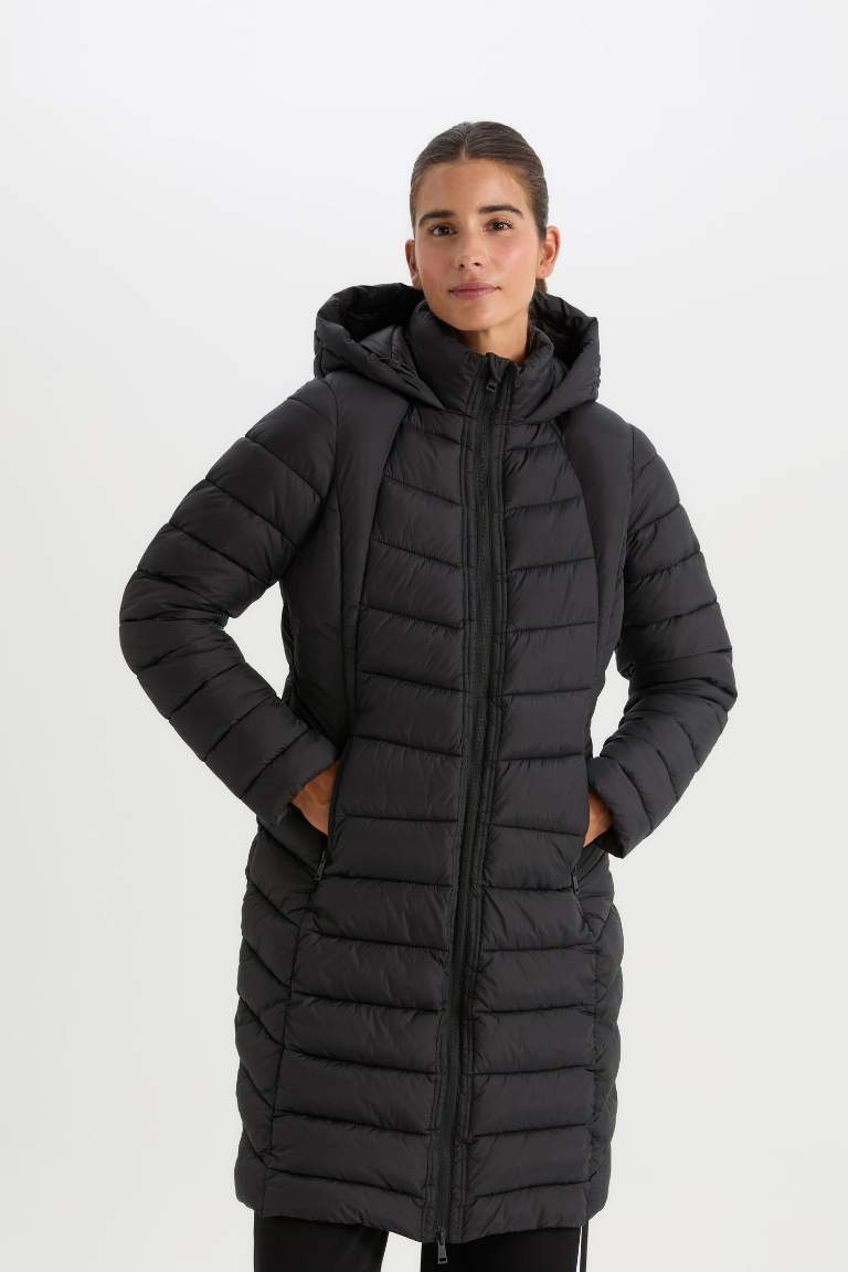 DeFactoFit Hooded Slim Fit Quilted Waterproof Long Puffer Jacket