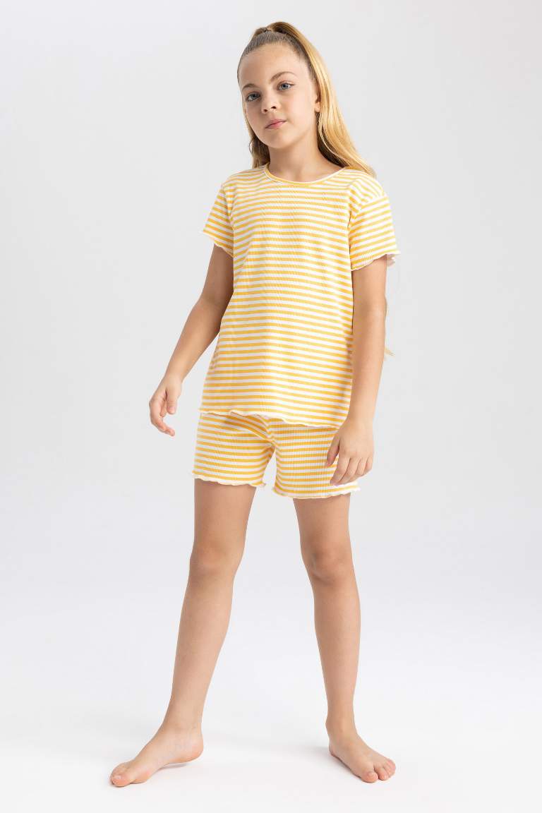 Kız Çocuk Çizgili Fitilli Kaşkorse Kısa Kollu Şortlu Pijama Takımı