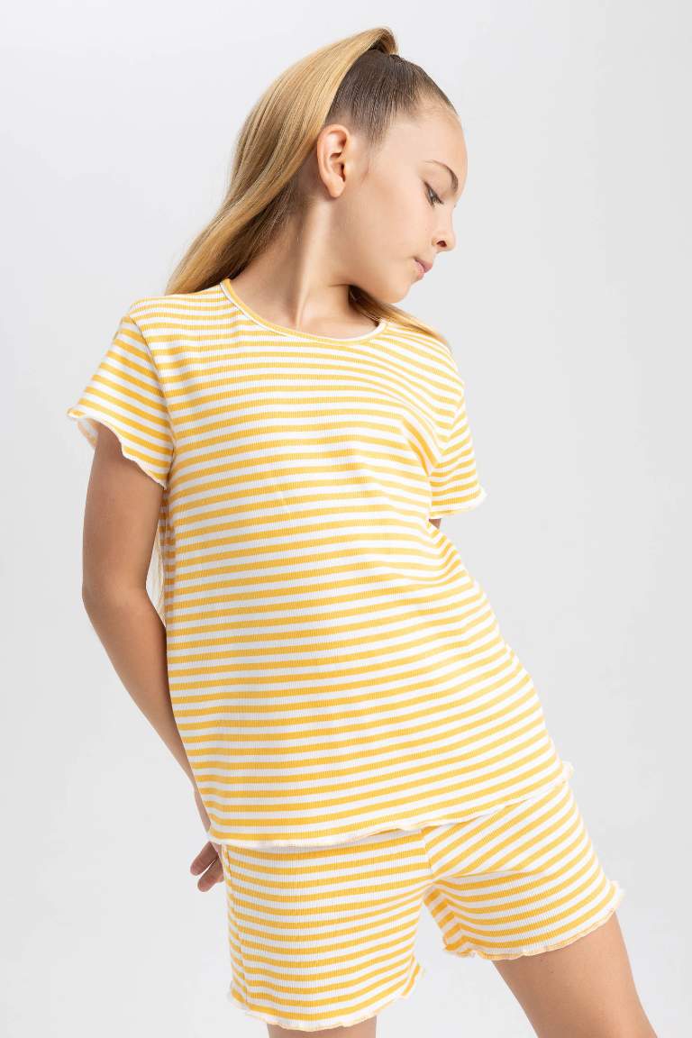 Kız Çocuk Çizgili Fitilli Kaşkorse Kısa Kollu Şortlu Pijama Takımı