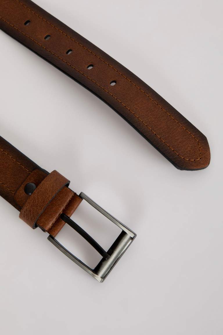 Men Rectangle Buckle Faux Leather Jean Belt