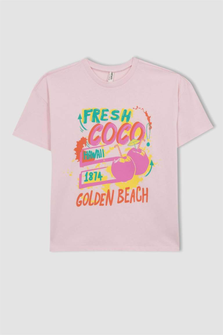 Rose Printed Front and Back O Collar Oversize Short Sleeve Girl's T-Shirt - 75127 main image 0
