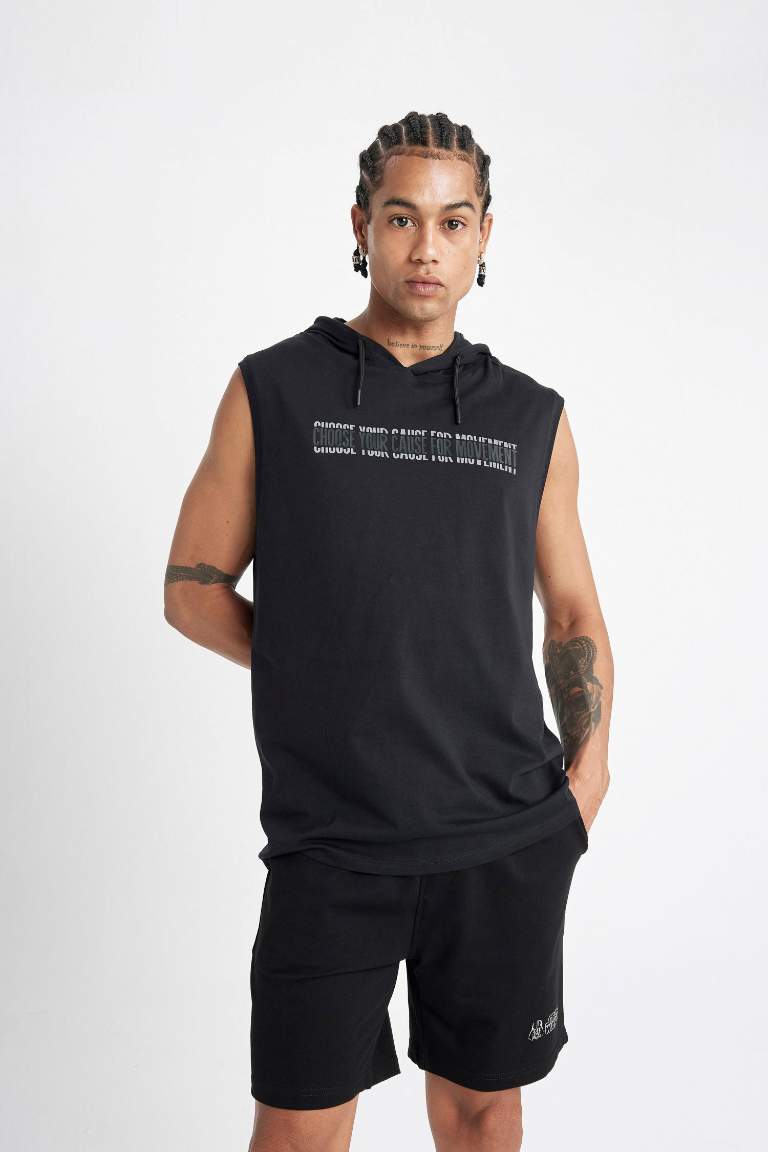 DeFactoFit Slim Fit Printed Hooded Sleeveless T-Shirt