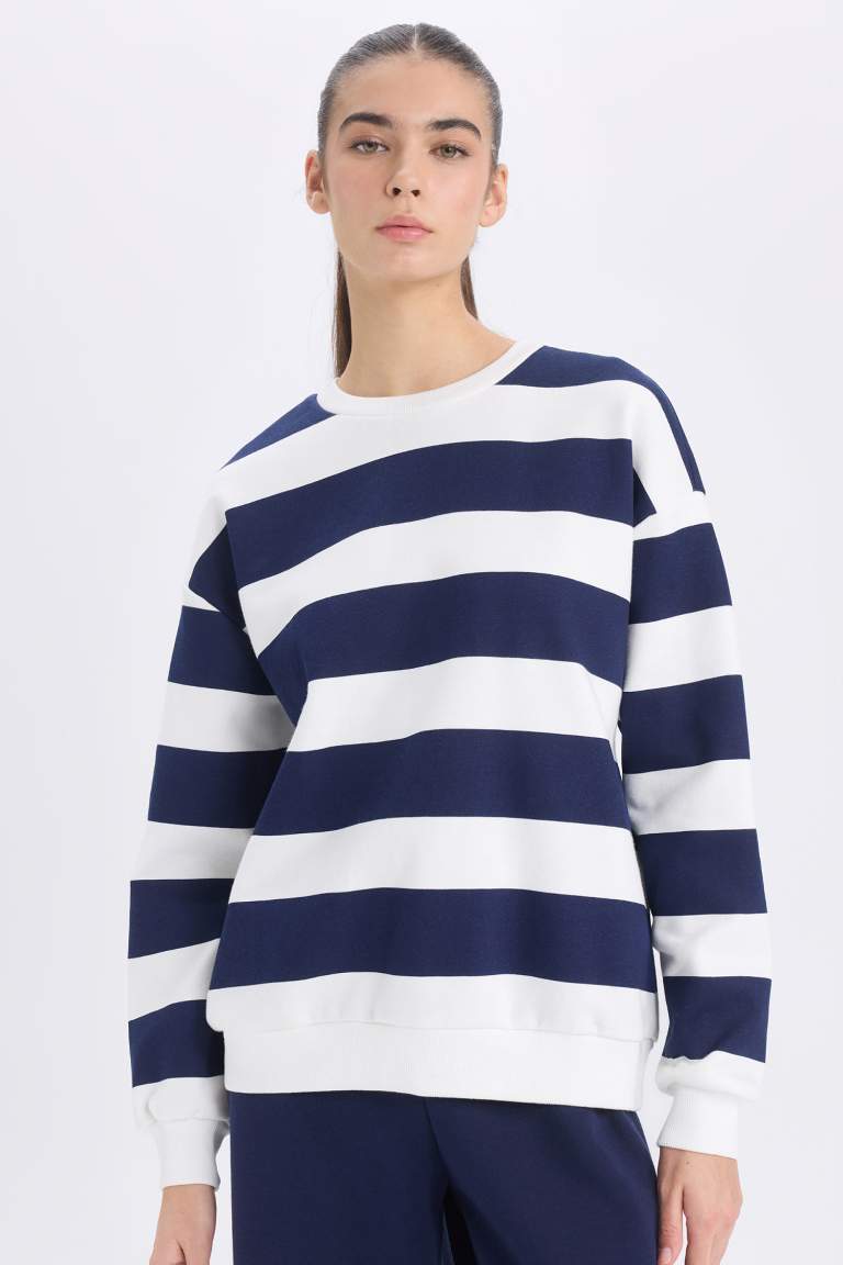 Relax Fit Crew Neck Striped Thick Casual Sweatshirt