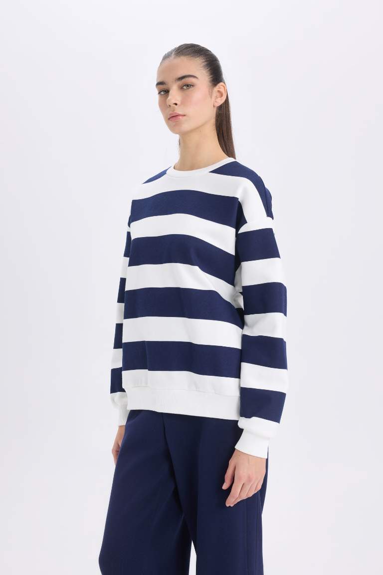 Relax Fit Crew Neck Striped Thick Casual Sweatshirt