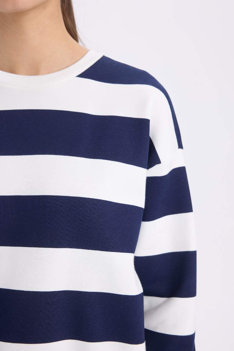 Relax Fit Crew Neck Striped Thick Casual Sweatshirt