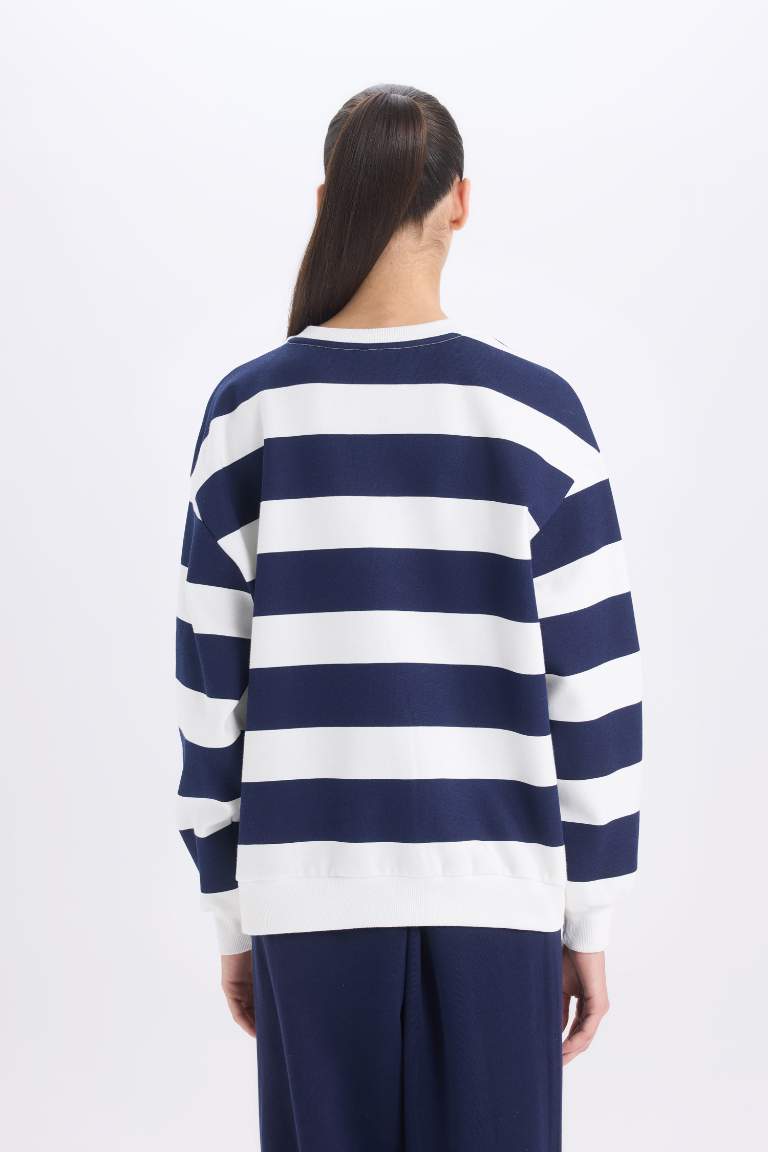 Relax Fit Crew Neck Striped Thick Casual Sweatshirt