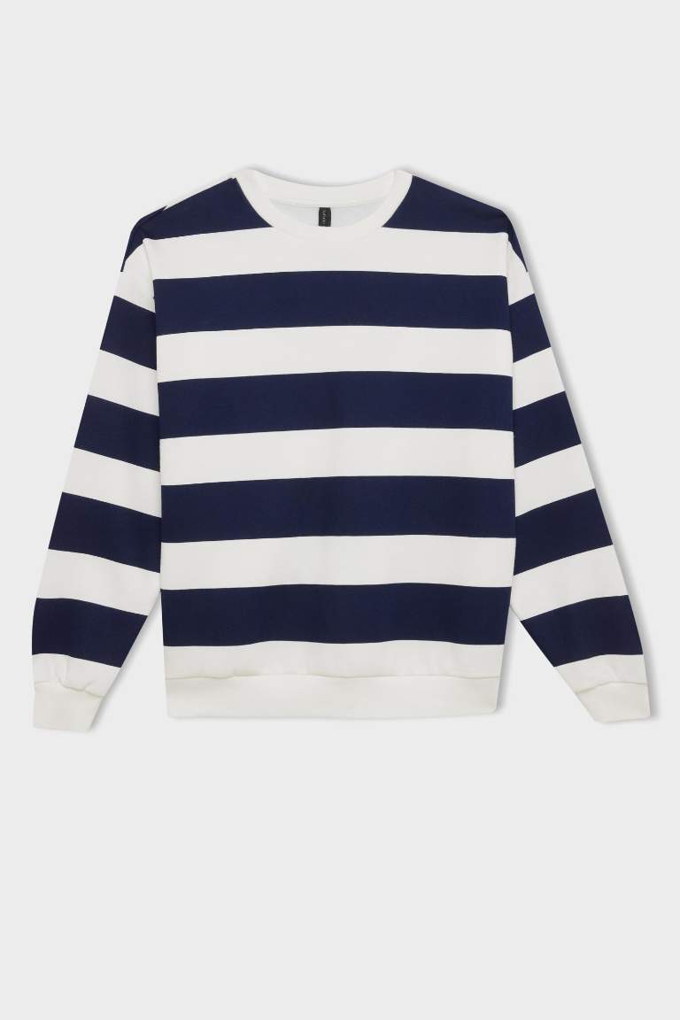 Relax Fit Crew Neck Striped Thick Casual Sweatshirt