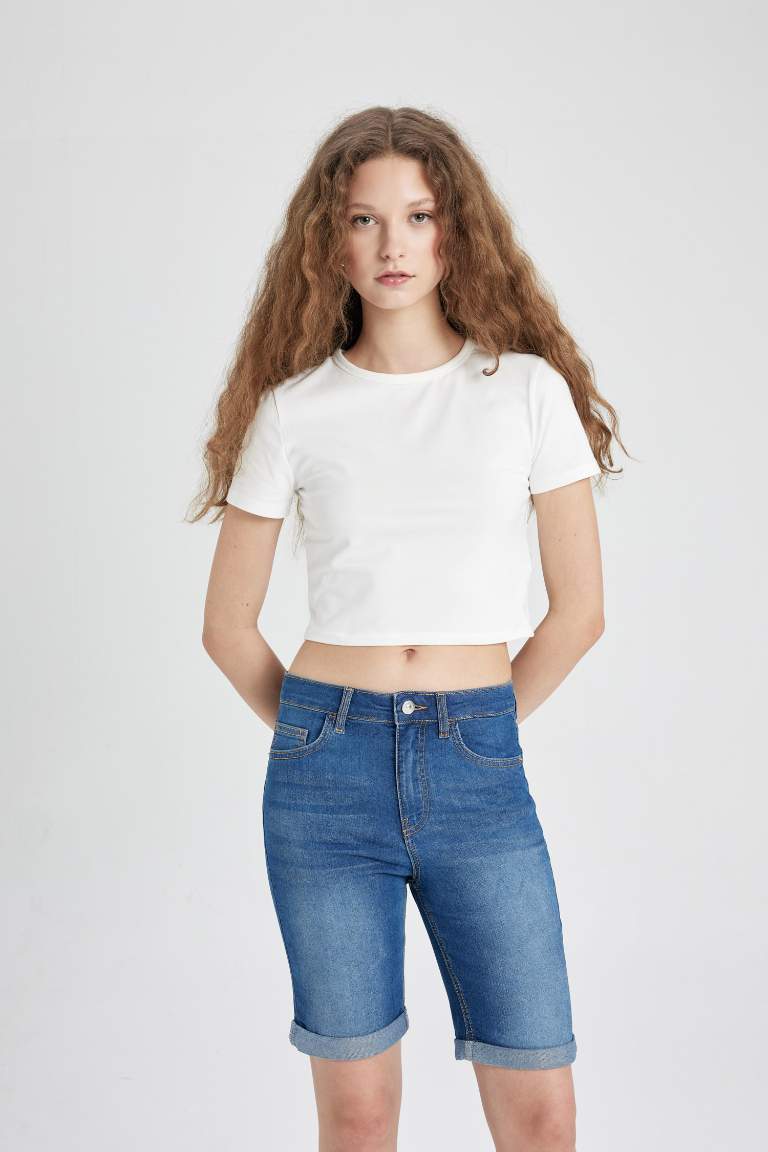 Normal Waist Fold Leg Jean Bermuda