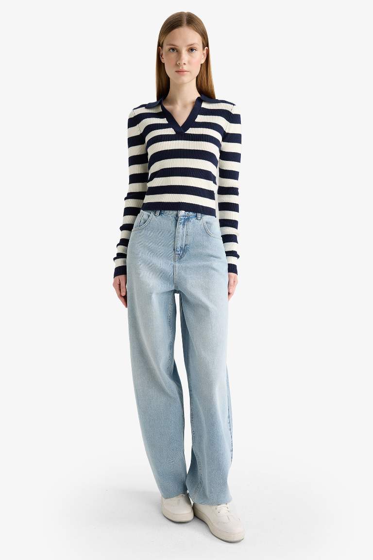 Coool Slim Fit Dar Kesim Polo Yaka Çizgili Kazak