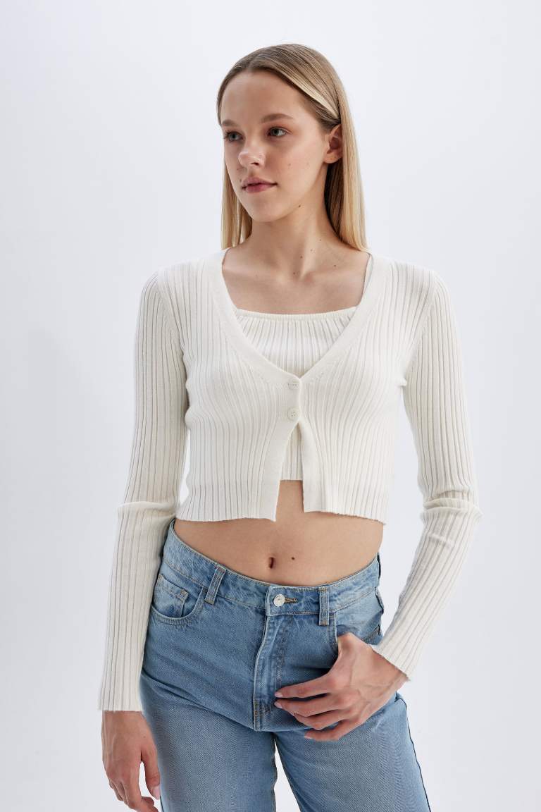 Coool Regular Fit Crop Düğmeli V Yaka Triko Hırka