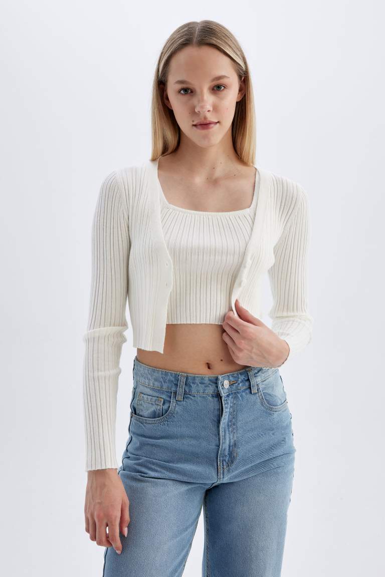 Coool Regular Fit Crop Düğmeli V Yaka Triko Hırka