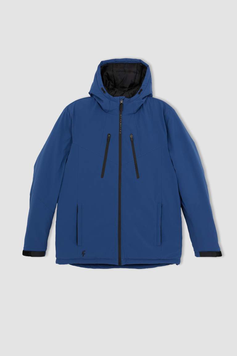 DeFactoFit Su İtici Slim Fit Dar Kesim Kapüşonlu Polar Astarlı Fermuarlı Su Geçirmez Mont