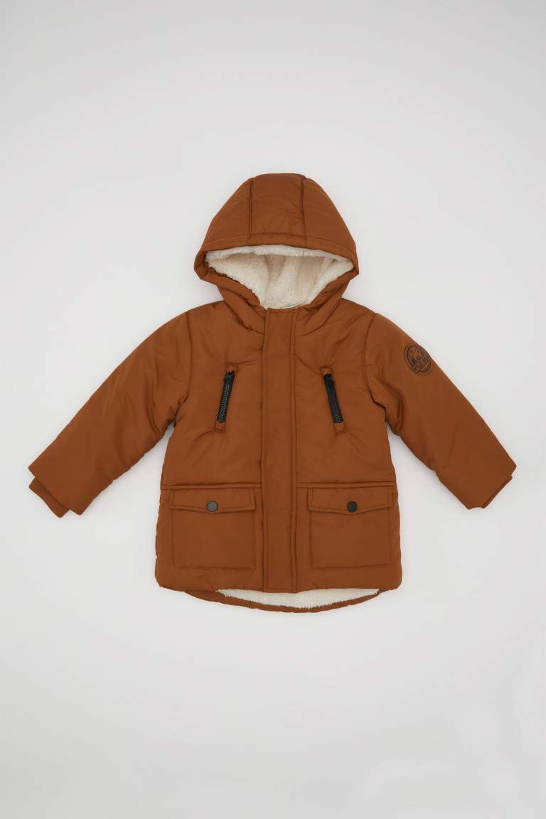 Baby Boy Ribbed Sleeve Hooded Plush Lining Waterproof Jacket