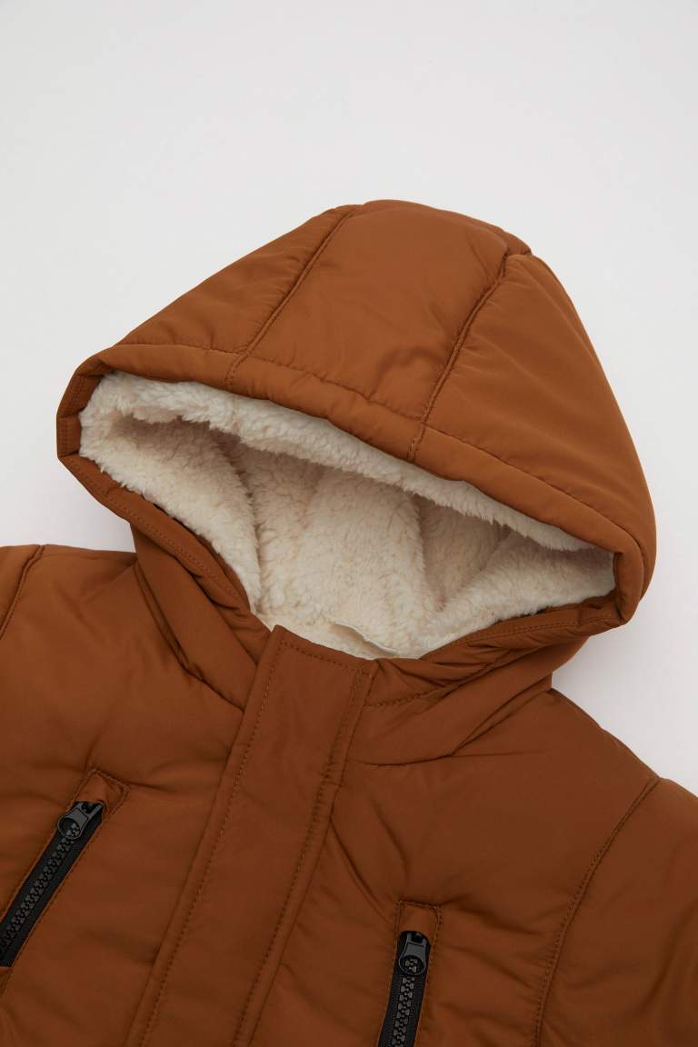 Baby Boy Ribbed Sleeve Hooded Plush Lining Waterproof Jacket