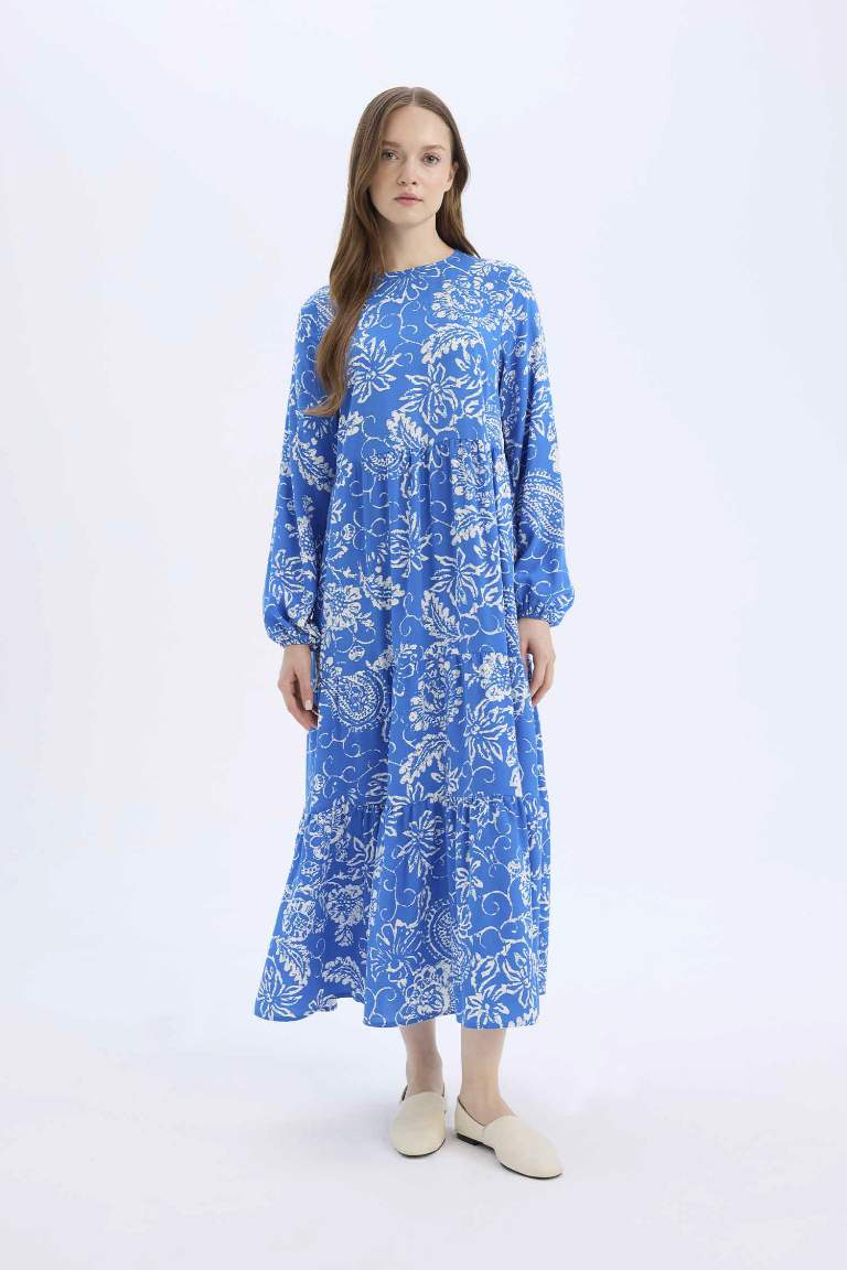 Crew Neck Patterned Long Sleeve Maxi Dress