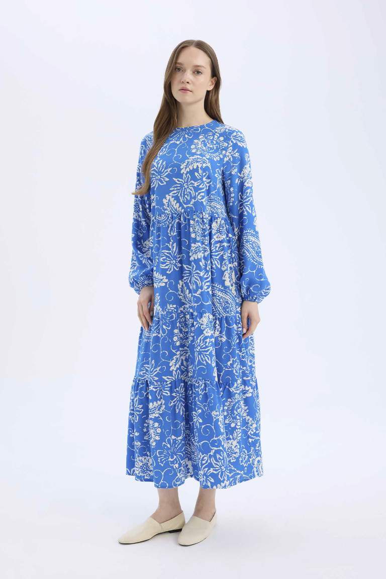 Crew Neck Patterned Long Sleeve Maxi Dress