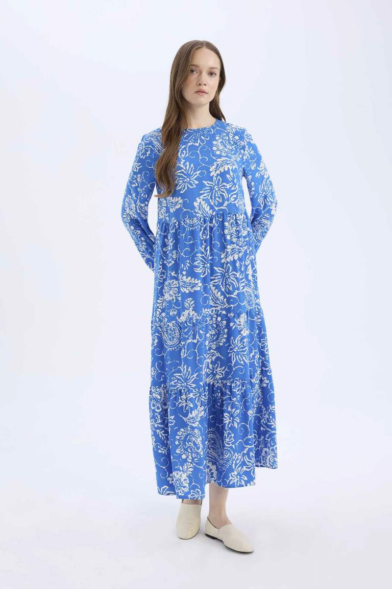 Crew Neck Patterned Long Sleeve Maxi Dress