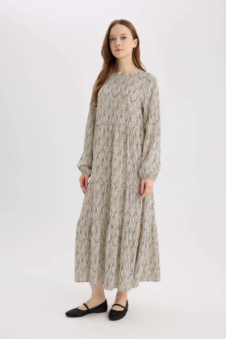 Crew Neck Patterned Long Sleeve Maxi Dress