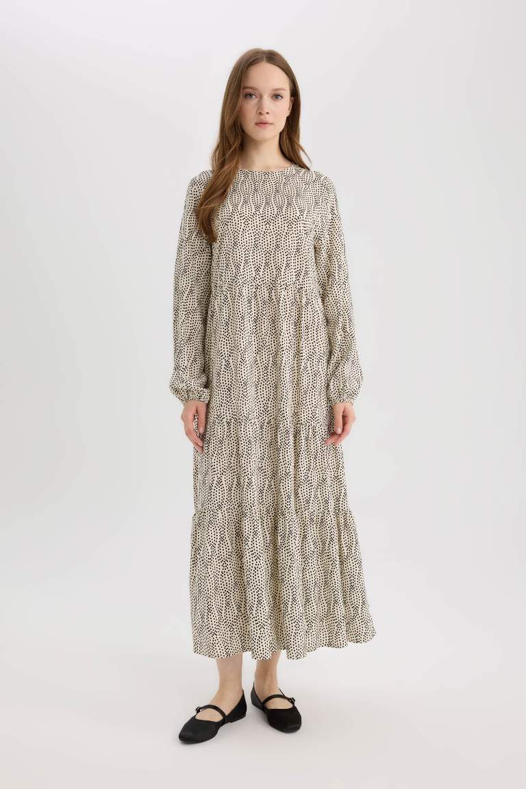 Crew Neck Patterned Long Sleeve Maxi Dress