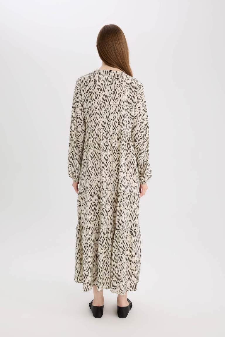 Crew Neck Patterned Long Sleeve Maxi Dress