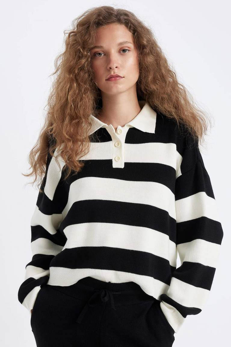 Regular Fit Buttoned Striped Polo Collar Knitwear Pullover