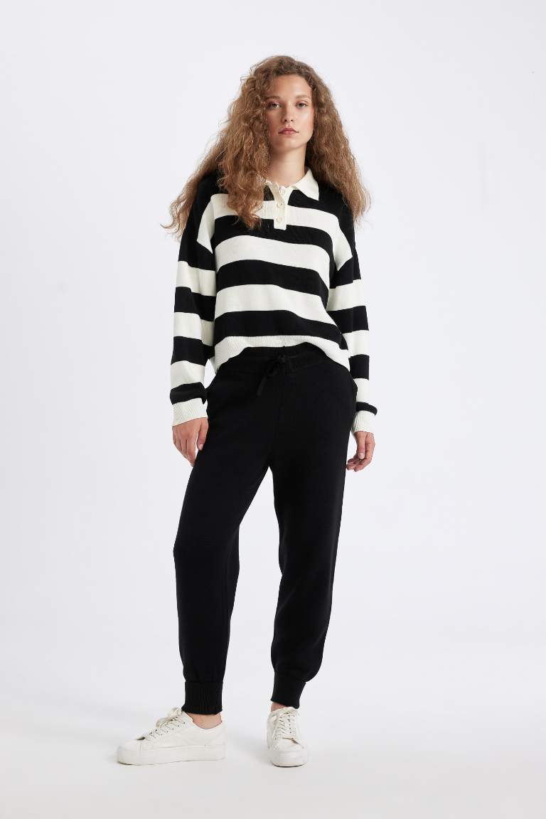 Regular Fit Buttoned Striped Polo Collar Knitwear Pullover