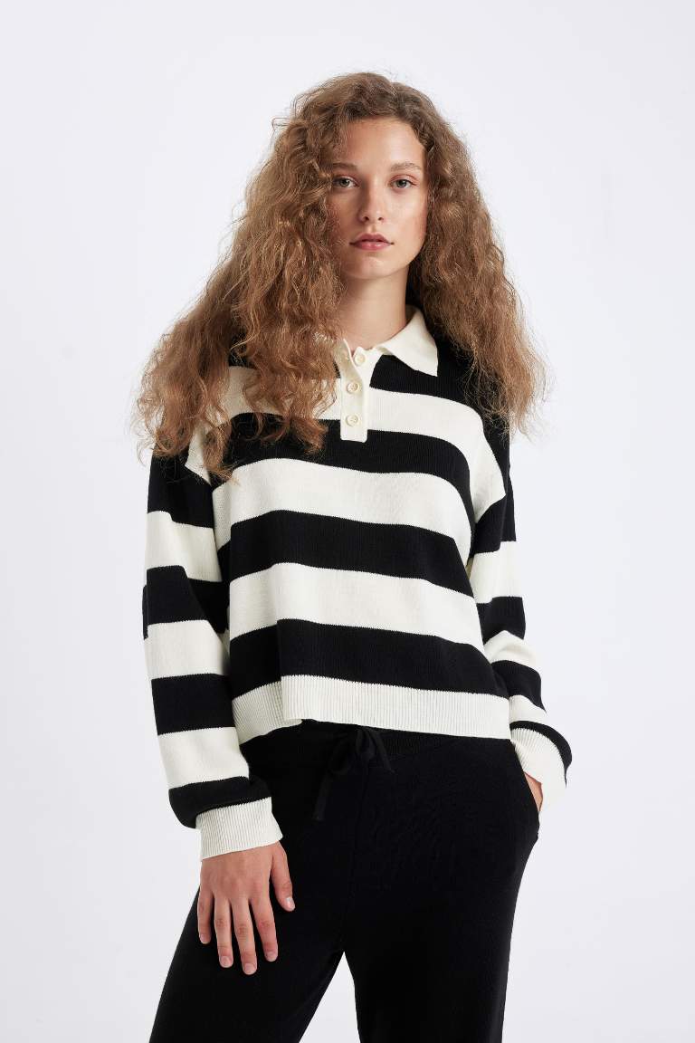 Regular Fit Buttoned Striped Polo Collar Knitwear Pullover