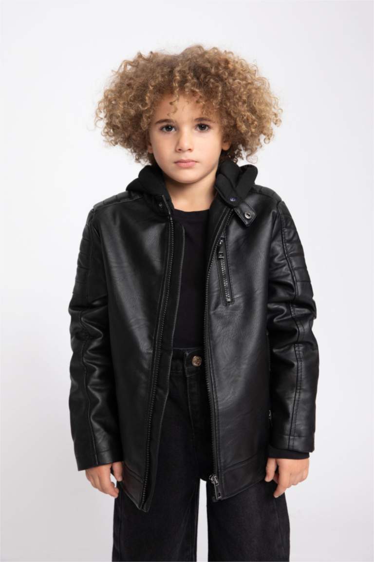 Veste Moto En Simili Cuir Pour Enfants (filles/garçons) - Printemps, Style PU - Fermeture éclair, Col Montant - Noir