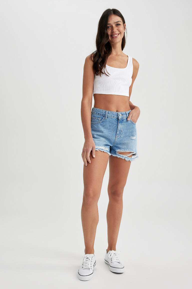 High Waist Cut-Tie Cropped Leg Jean Shorts