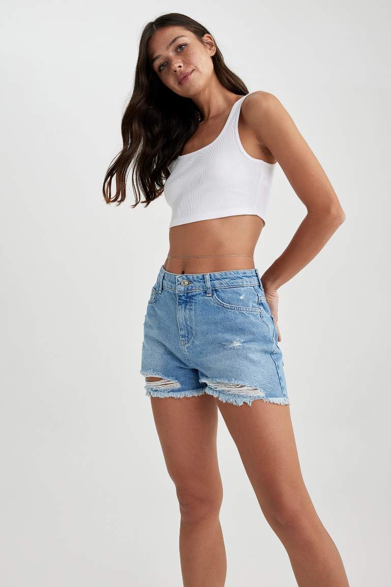 High Waist Cut-Tie Cropped Leg Jean Shorts