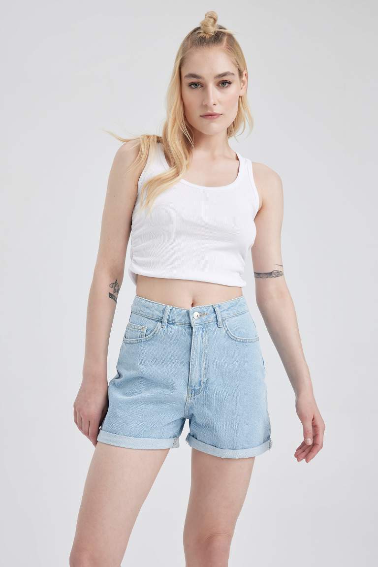 Blue WOMAN Mom Fit High Waist Folded Leg Jean Shorts 2797339 | DeFacto