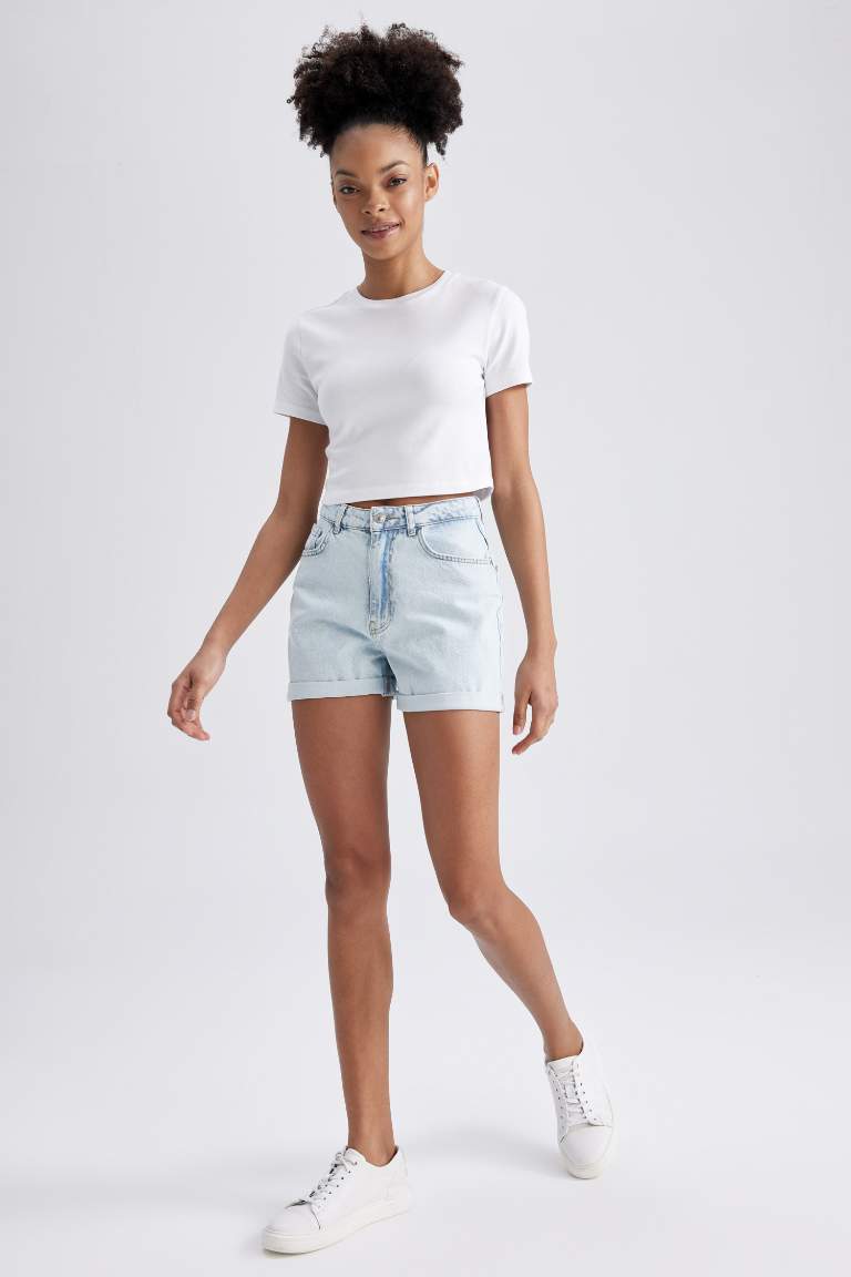 Mom Fit High Waist Folded Leg Jean Shorts