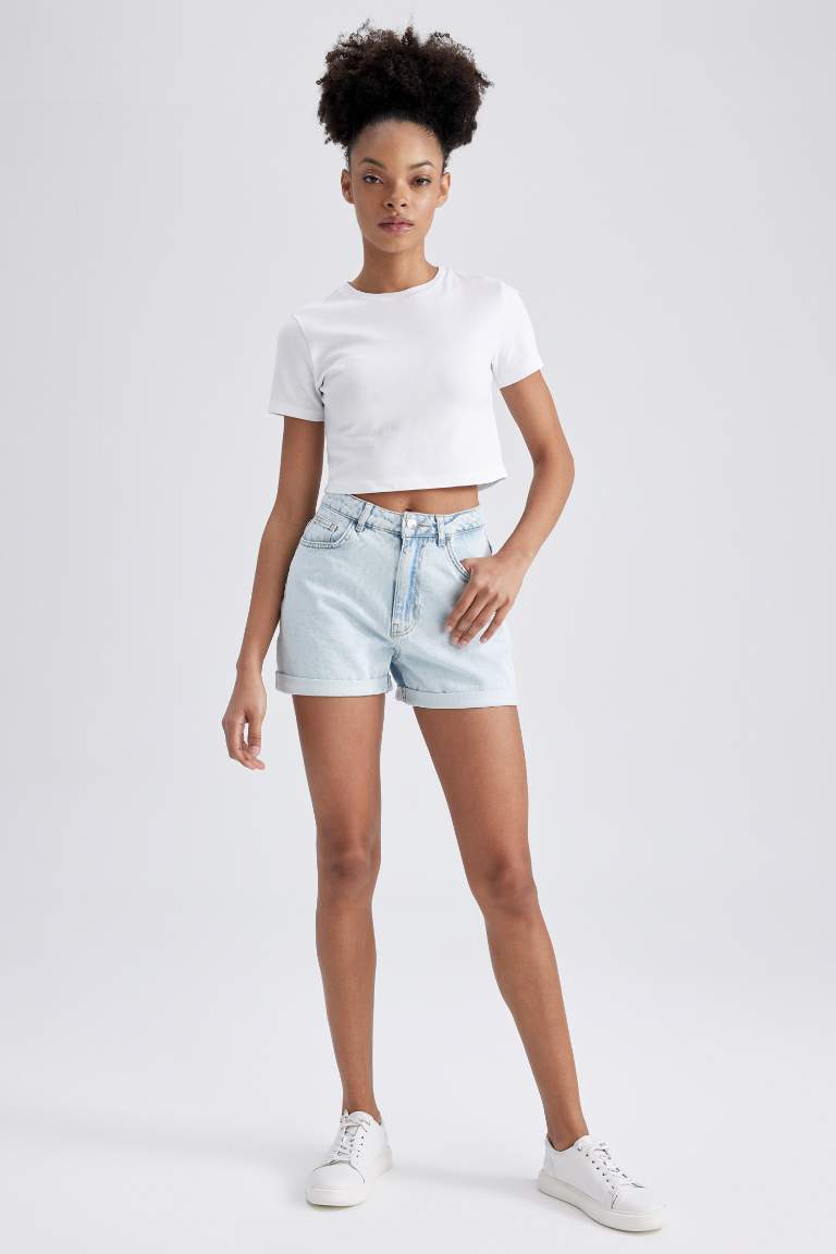 Mom Fit High Waist Folded Leg Jean Shorts