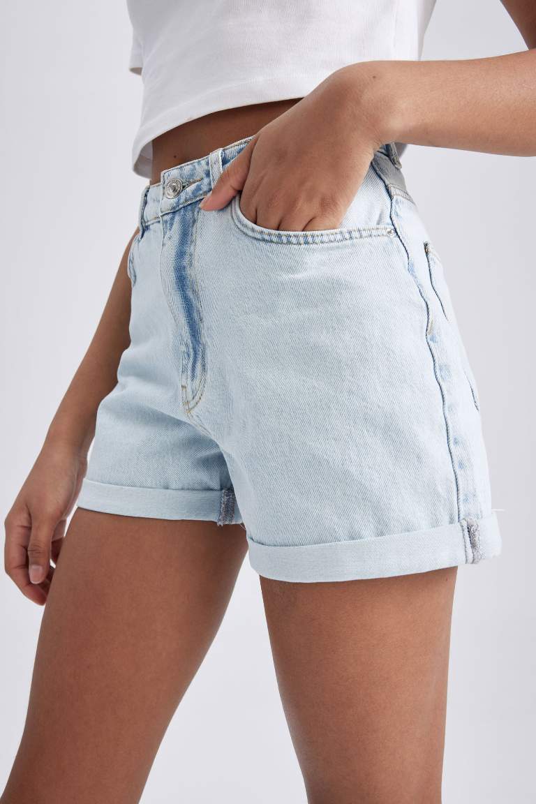 Mom Fit High Waist Folded Leg Jean Shorts