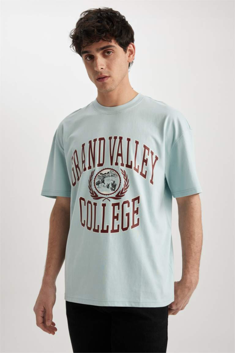 Blue MAN Comfort Fit Crew Neck Printed Cotton T-Shirt 2785448 | DeFacto