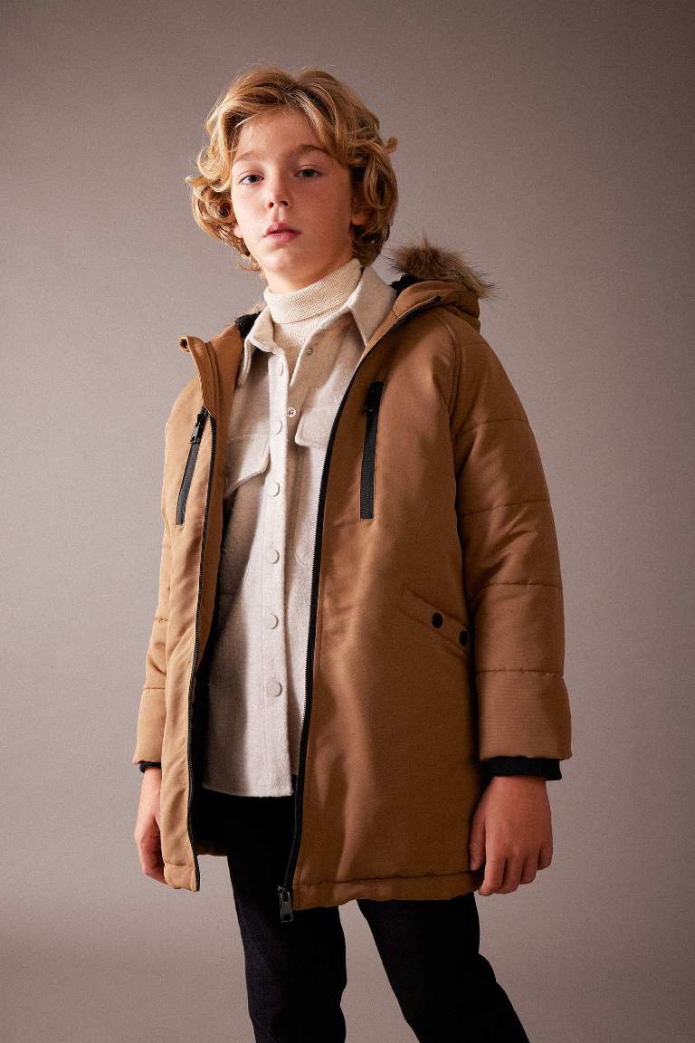 Manteau avec Capuche et Fausse Fourrure et Doublure en Peluche pour Garçon