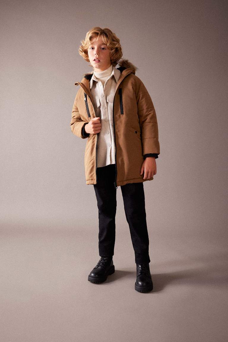 Manteau avec Capuche et Fausse Fourrure et Doublure en Peluche pour Garçon