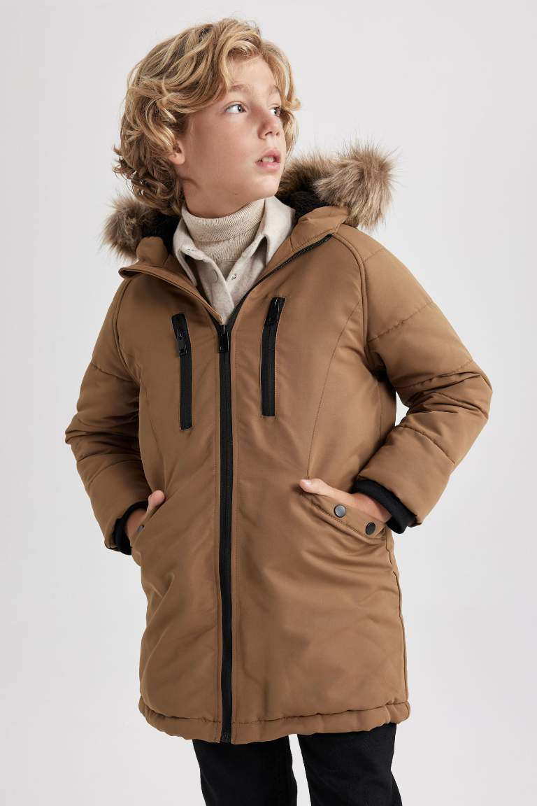 Manteau avec Capuche et Fausse Fourrure et Doublure en Peluche pour Garçon