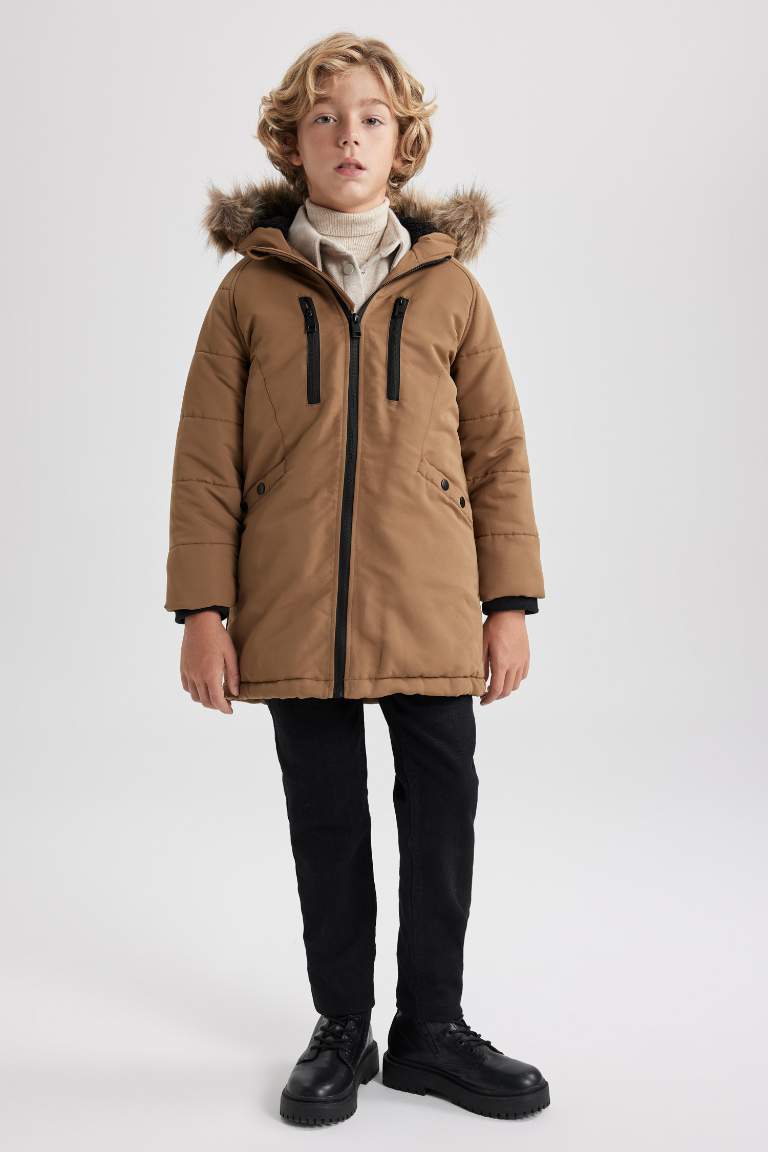 Manteau avec Capuche et Fausse Fourrure et Doublure en Peluche pour Garçon